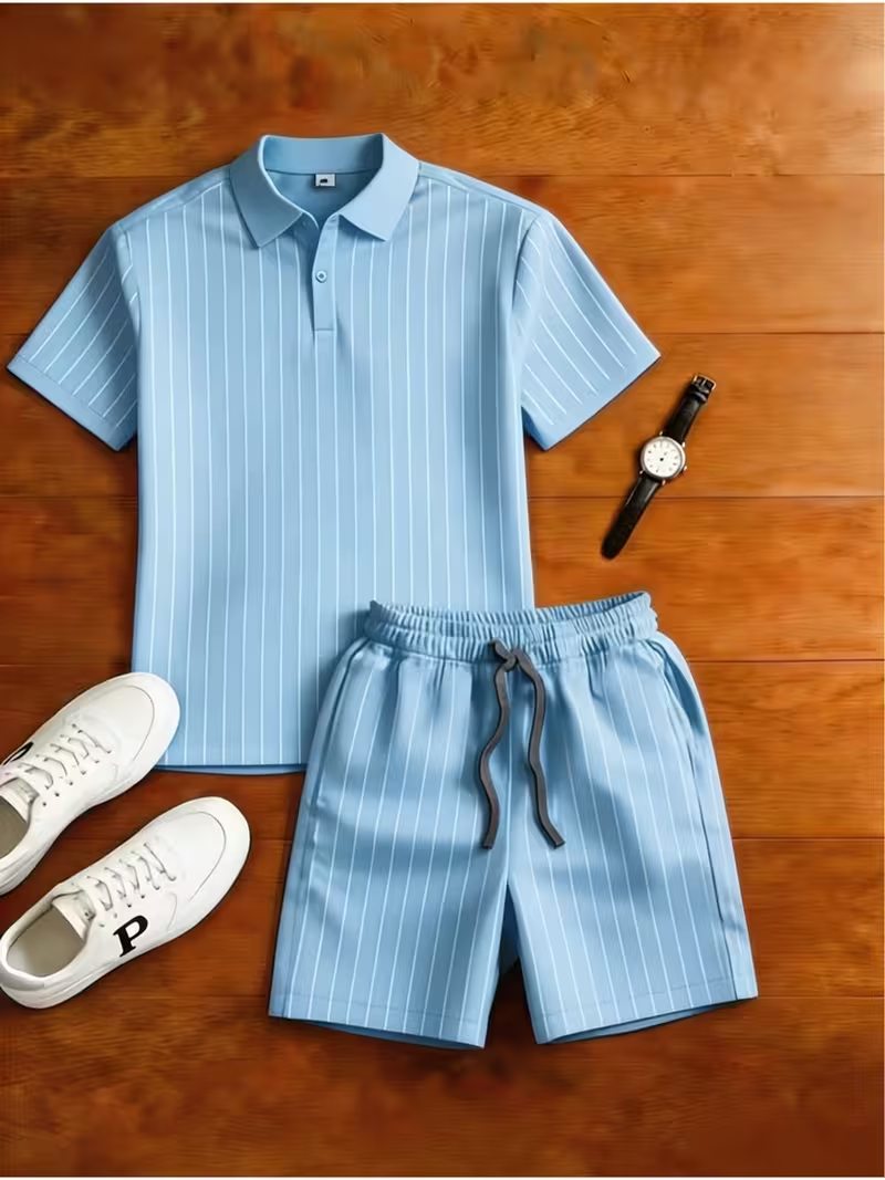 Men's Casual Plaid Printed Polo Shirt And Pants Two-Piece Set