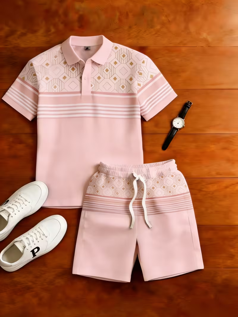 Men's Casual Geometry Printed Polo Shirt And Pants Two-Piece Set