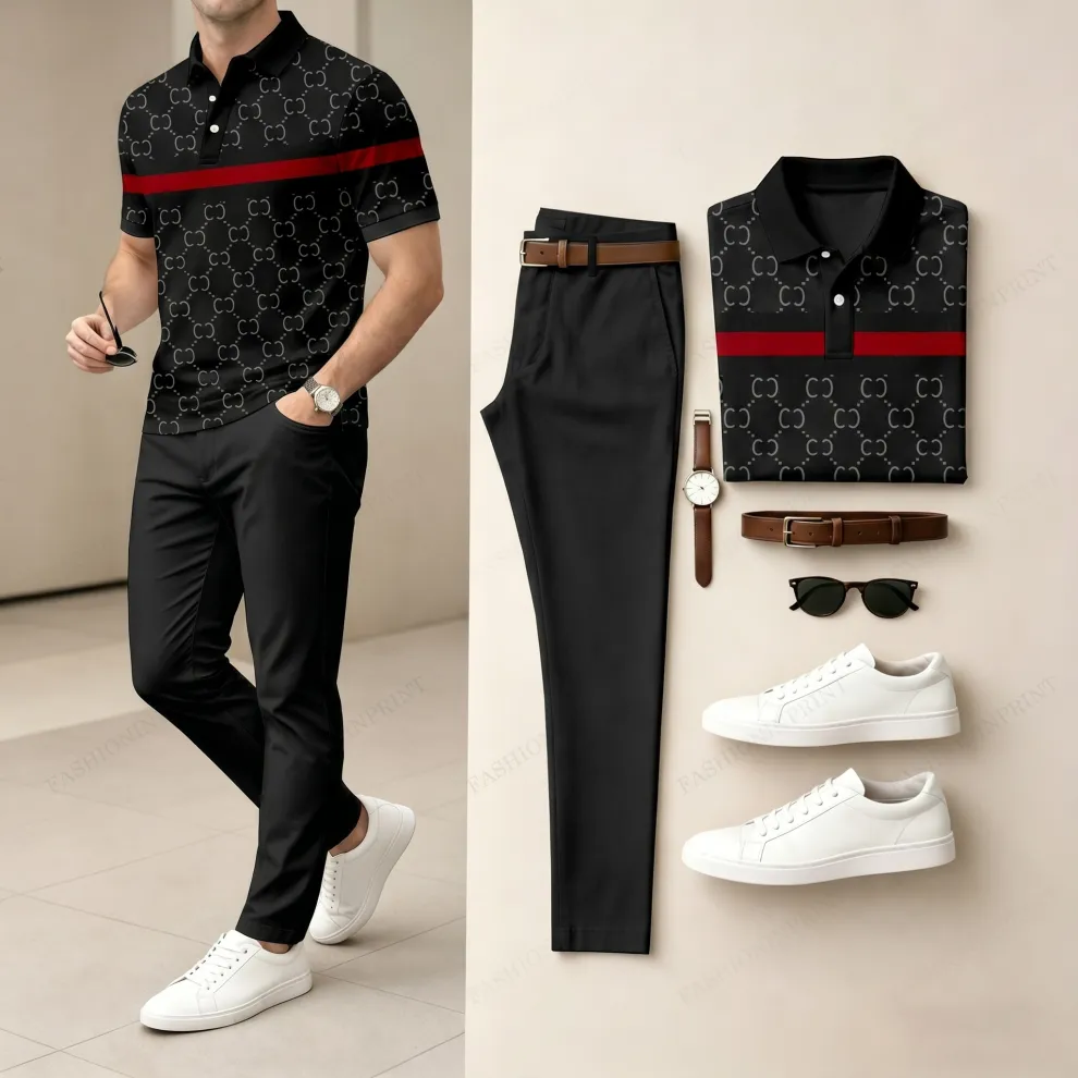Men's Casual Grey Plaid Printed Polo Shirt And Pants Two-Piece Set