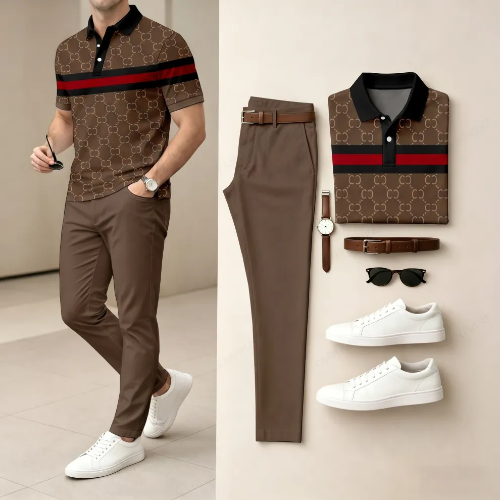Men's Casual Grey Plaid Printed Polo Shirt And Pants Two-Piece Set