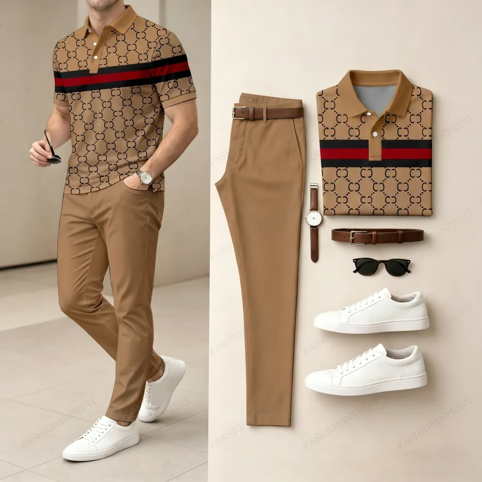 Men's Casual Grey Plaid Printed Polo Shirt And Pants Two-Piece Set