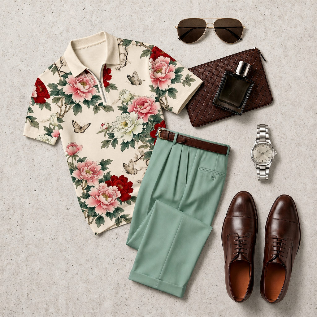 Men's Casual  With Color Floral  Print Polo Collar Zipper Short-Sleeve And Pants Set