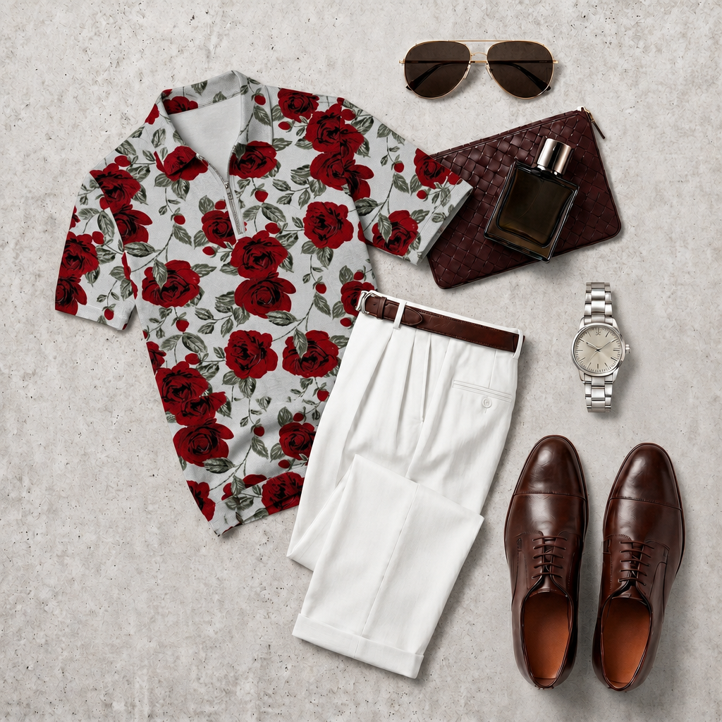 Men's Casual  With  Red Roses  Print Polo Collar Zipper Short-Sleeve And Pants Set