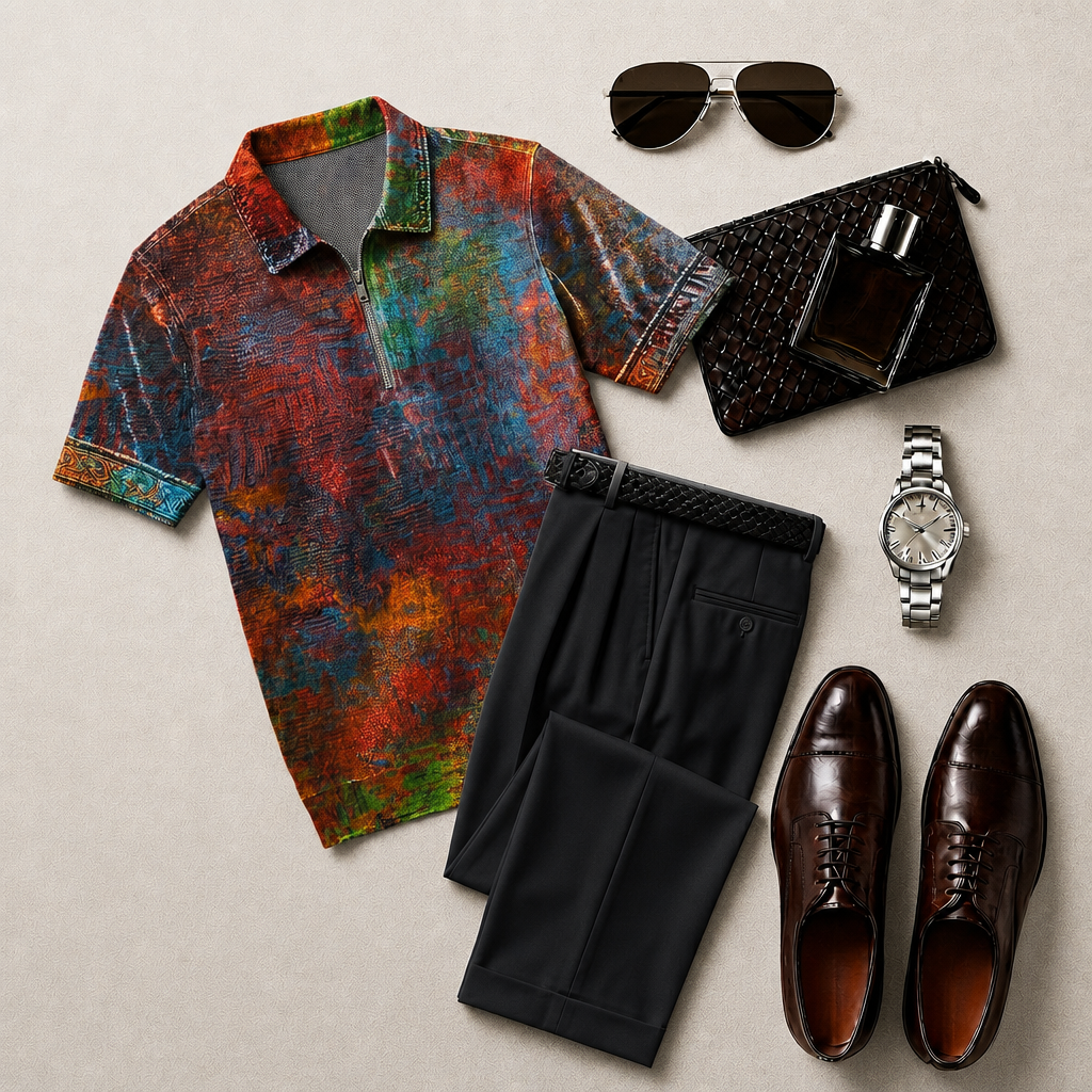 Men's Casual With Watercolor Print Polo Collar Zipper Short-Sleeve and Pants Set