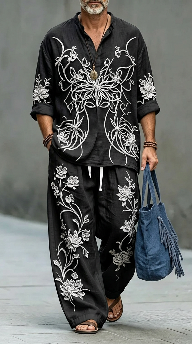Men's Retro Abstract Print Casual Linen Top And Pants Two-piece Set MT0300YBBQL