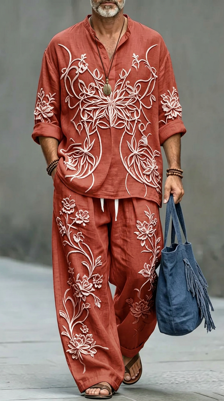 Men's Retro Abstract Print Casual Linen Top And Pants Two-piece Set MT0300YBBQL