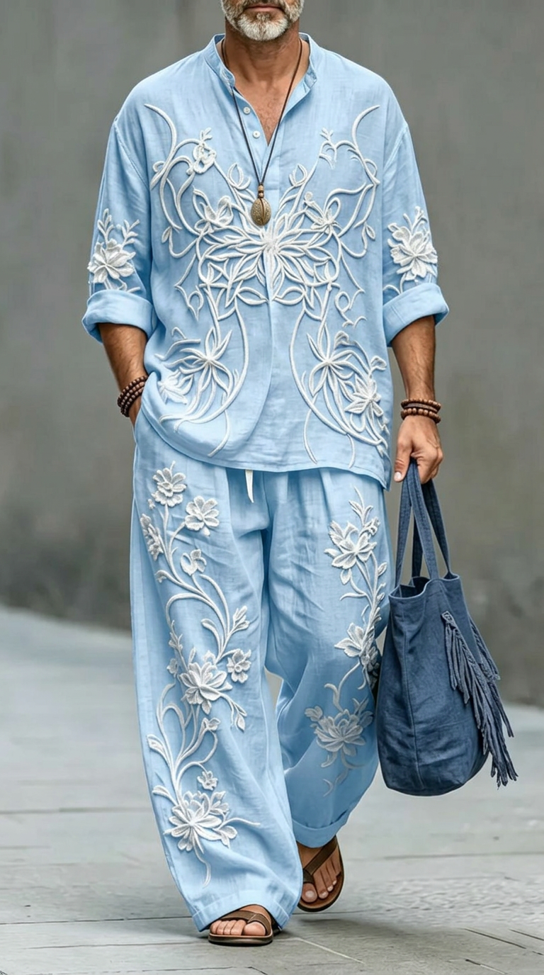 Men's Retro Abstract Print Casual Linen Top And Pants Two-piece Set MT0300YBBQL
