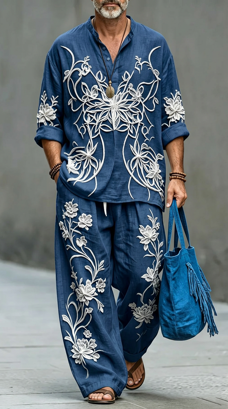 Men's Retro Abstract Print Casual Linen Top And Pants Two-piece Set MT0300YBBQL