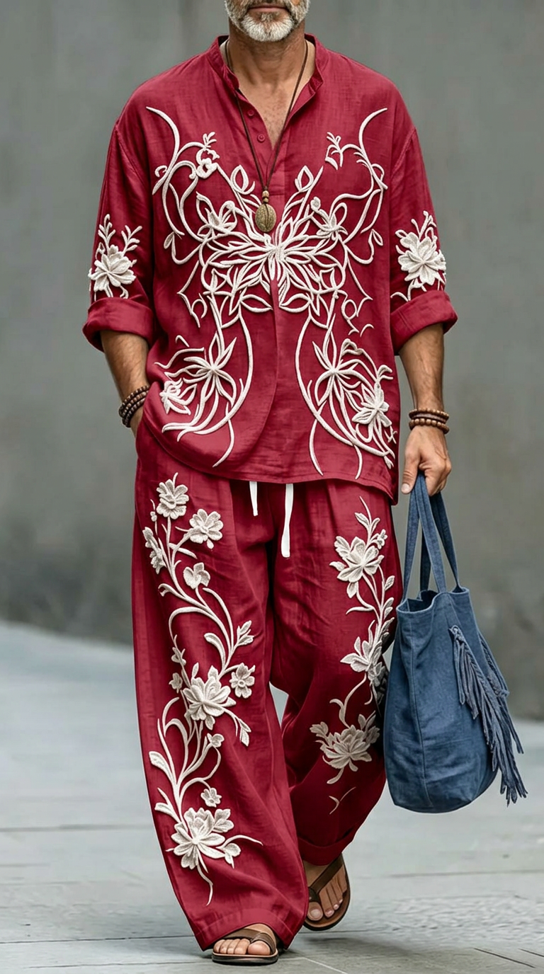 Men's Retro Abstract Print Casual Linen Top And Pants Two-piece Set MT0300YBBQL