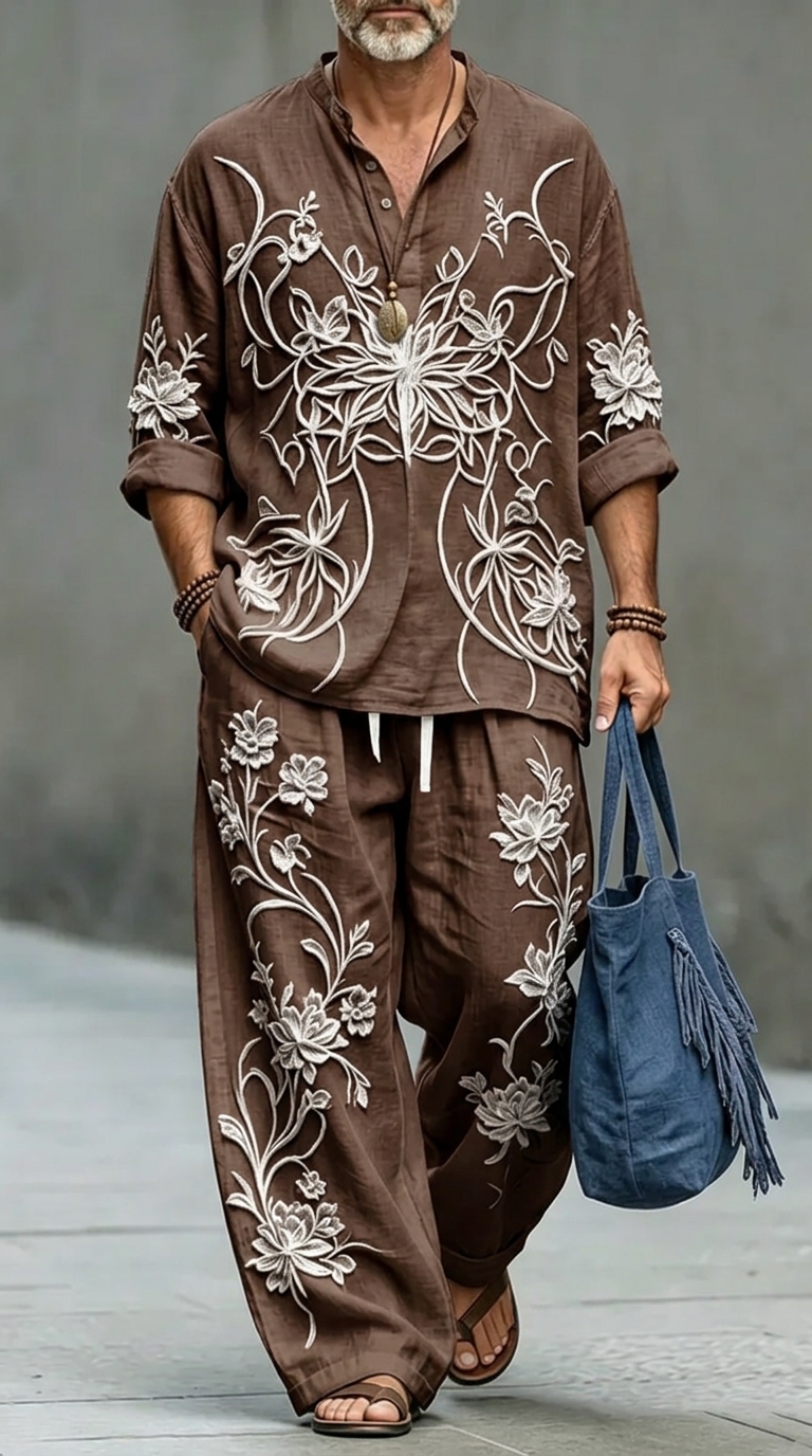 Men's Retro Abstract Print Casual Linen Top And Pants Two-piece Set MT0300YBBQL