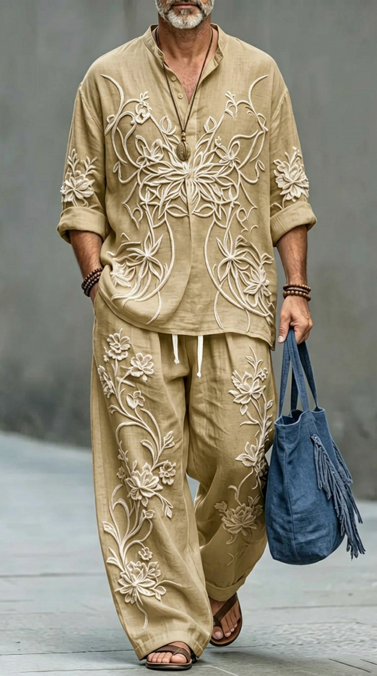 Men's Retro Abstract Print Casual Linen Top And Pants Two-piece Set MT0300YBBQL
