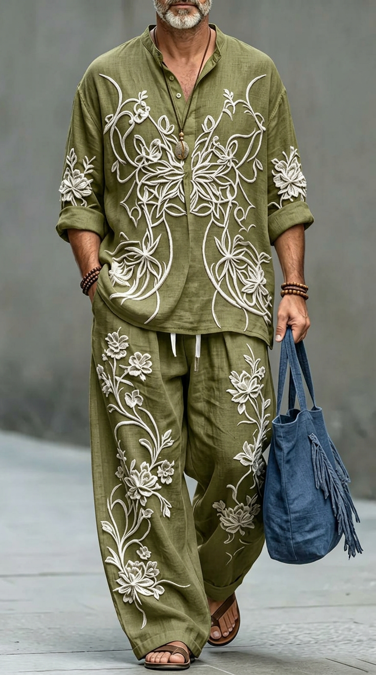 Men's Retro Abstract Print Casual Linen Top And Pants Two-piece Set MT0300YBBQL