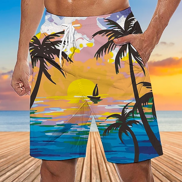 Men's Graphic Coconut Tree Swim Trunks Swim Shorts Board Shorts Mid Waist Streetwear Hawaiian Boho Casual Daily Holiday Drawstring Elastic Waist 3D Print Designer Clothing Apparel
