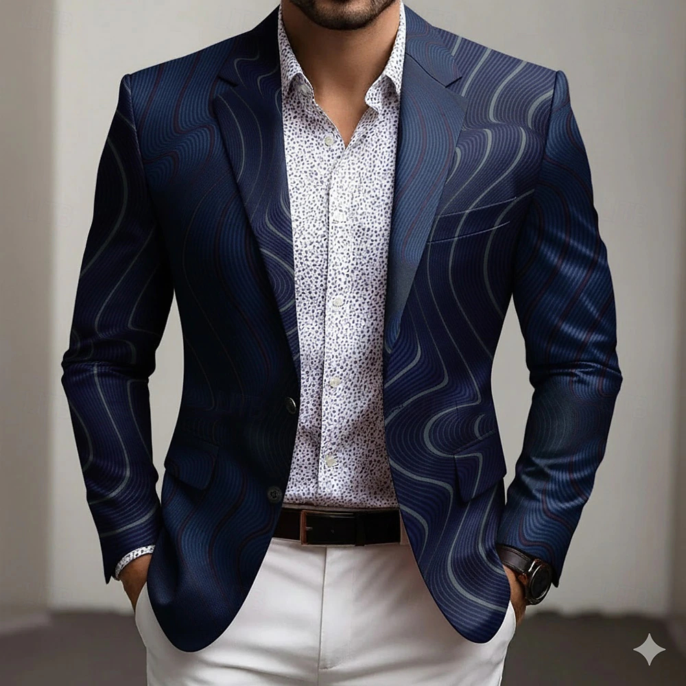  Men's Geometic Blazer Jacket Coat Comfortable Breathable Artistic Casual Daily Party Evening Wear Causal Pocket 3D Print Buttons All Seasons Notch Long Sleeve Blue Red Green