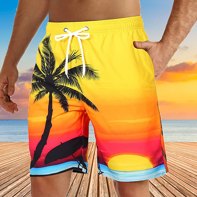 Men's Graphic Coconut Tree Swim Trunks Swim Shorts Board Shorts Mid Waist Streetwear Hawaiian Boho Casual Daily Holiday Drawstring Elastic Waist 3D Print Designer Clothing Apparel