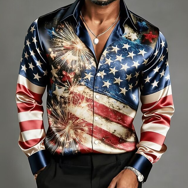 Men's Star 4th of July U.S. 250th Anniversary American Flag Shirt Satin Shirt Summer Shirt Long Sleeve Patriotic Outdoor Festival Summer Spring Turndown 3D Print Blue Red