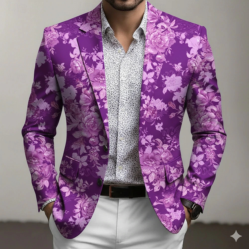 Men's Floral Print Blazer Jacket Coat Fashion Comfortable Breathable Artistic Casual Daily Formal Party Evening Wear 3D Print Buttons Multi Pocket Fall & Winter Spring Notch Long Sleeve Blue Purple