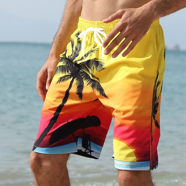 Men's Graphic Coconut Tree Swim Trunks Swim Shorts Board Shorts Mid Waist Streetwear Hawaiian Boho Casual Daily Holiday Drawstring Elastic Waist 3D Print Designer Clothing Apparel