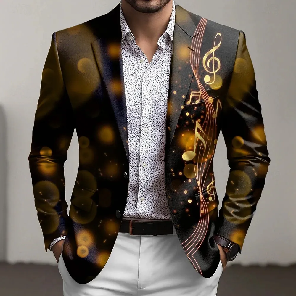 Men's Notes Blazer Jacket Coat Fashion Comfortable Breathable Artistic Casual Daily Party Evening Wear 3D Print Buttons Multi Pocket Fall & Winter Spring Notch Long Sleeve Blue Purple Brown