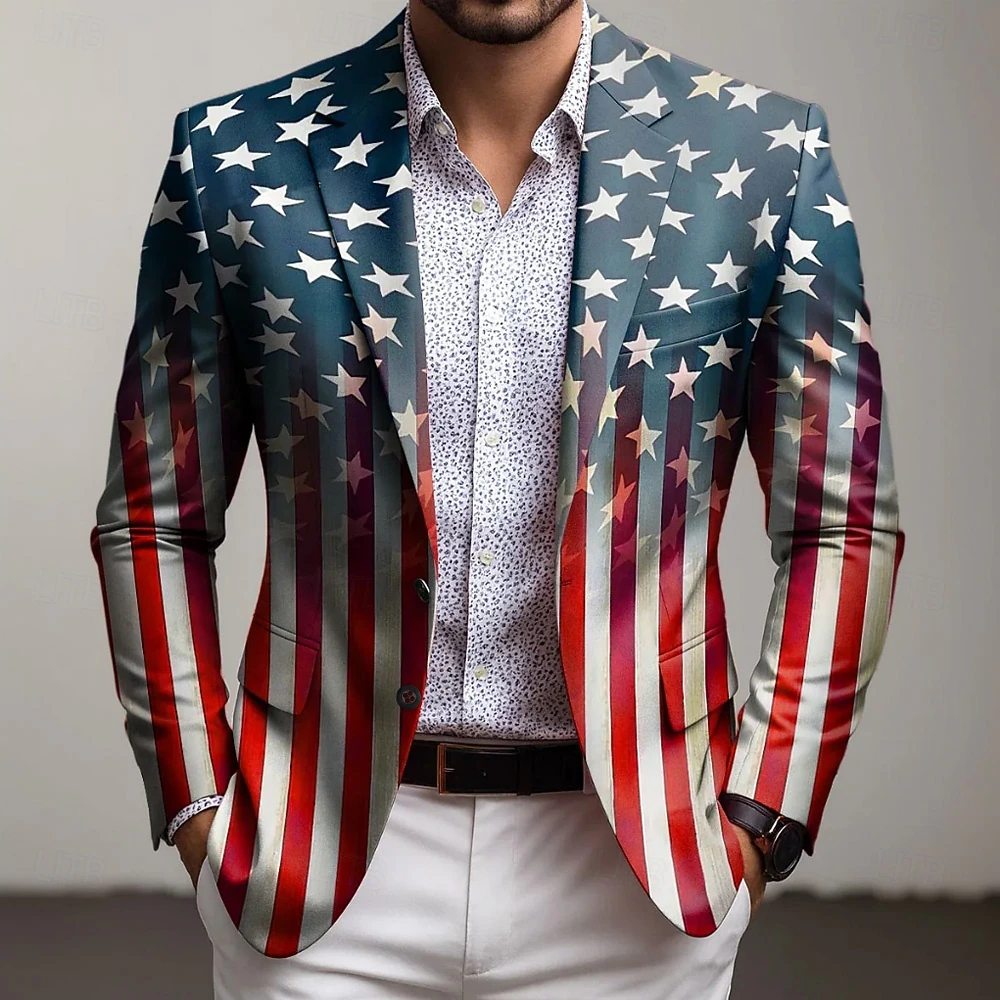  American Independence Day Men's American Flag Blazer Jacket Coat Fashion Comfortable Breathable Artistic Casual Casual Daily Festival Pocket 3D Print Buttons All Seasons Notch Long Sleeve Blue