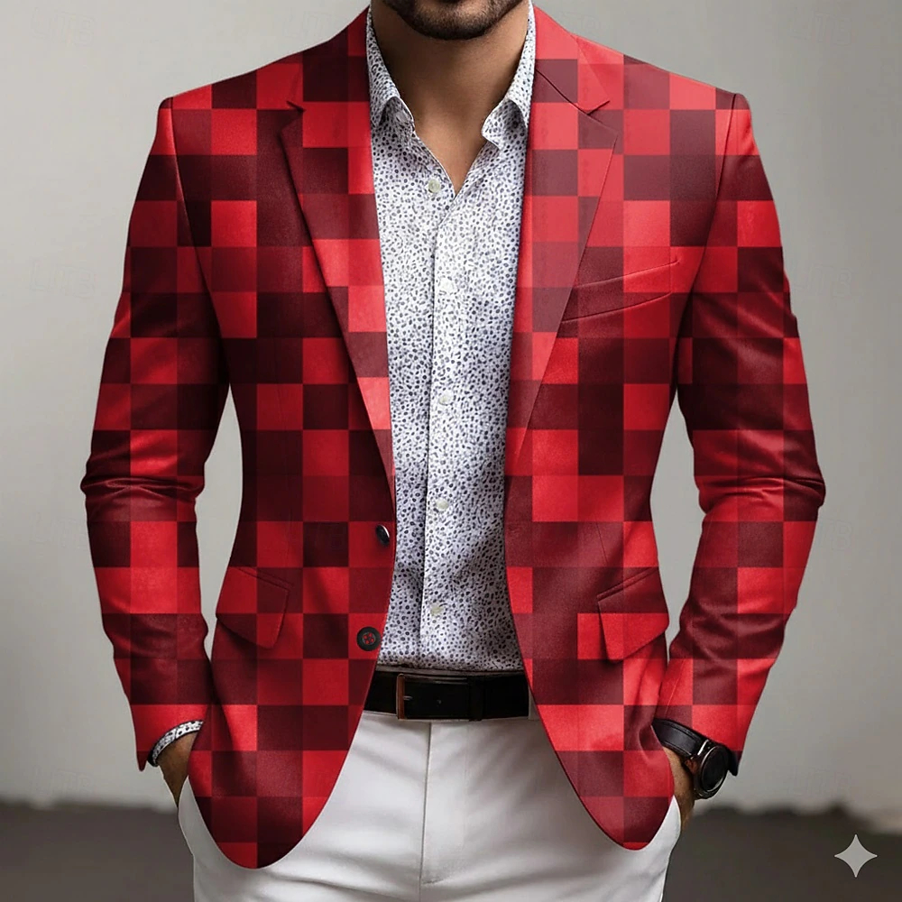  Men's Geometric Blazer Jacket Coat Comfortable Breathable Artistic Casual Casual Daily Party Evening Wear 3D Print Buttons Multi Pocket Fall & Winter Spring Notch Long Sleeve Blue Red Purple 