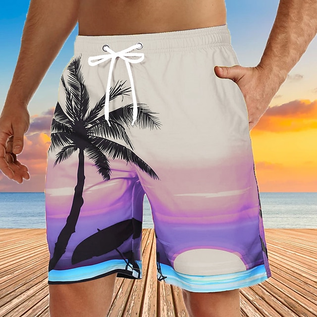 Men's Graphic Coconut Tree Swim Trunks Swim Shorts Board Shorts Mid Waist Streetwear Hawaiian Boho Casual Daily Holiday Drawstring Elastic Waist 3D Print Designer Clothing Apparel