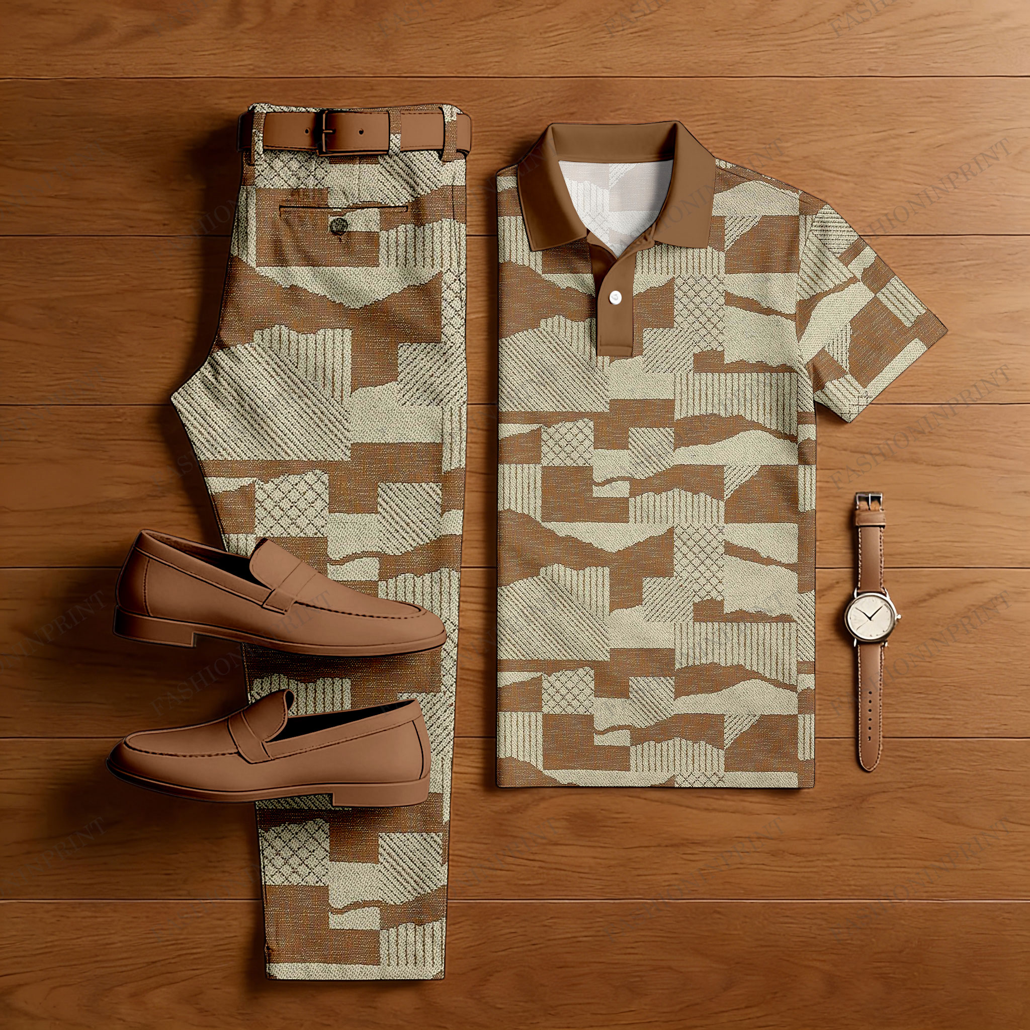 Men's Casual Green Printed Plaid Short-Sleeved Shirt And Shorts Two-Piece Set