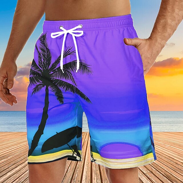 Men's Graphic Coconut Tree Swim Trunks Swim Shorts Board Shorts Mid Waist Streetwear Hawaiian Boho Casual Daily Holiday Drawstring Elastic Waist 3D Print Designer Clothing Apparel