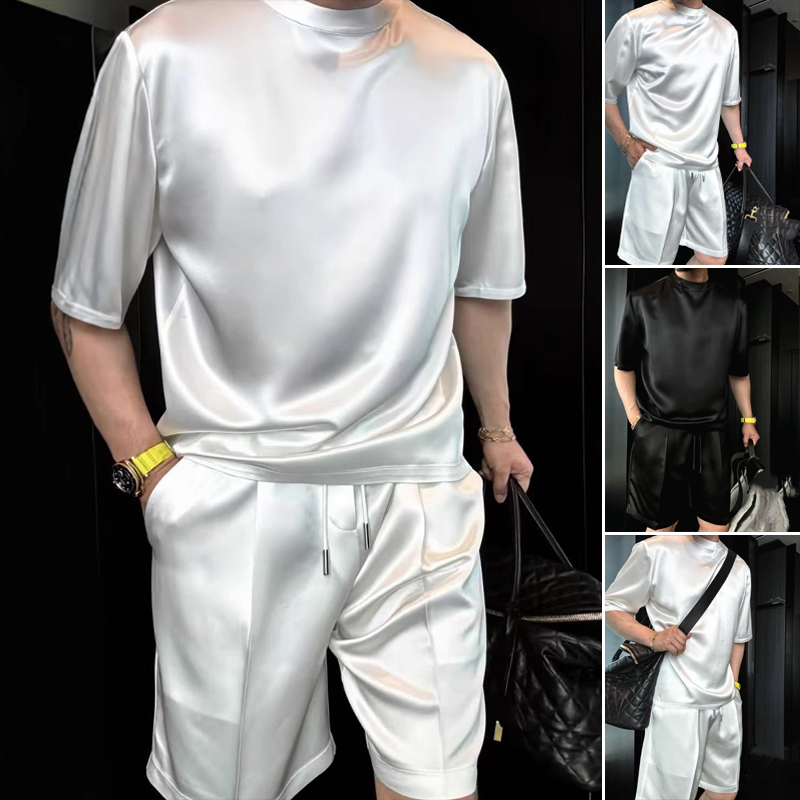 🔥High Quality Men's Mercerized Cotton Casual Solid Color Top and Shorts Two-Piece Set【Loose fit, suitable for all occasions】