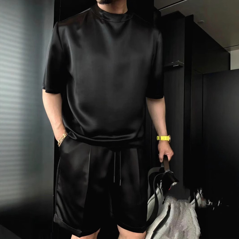 🔥High Quality Men's Mercerized Cotton Casual Solid Color Top and Shorts Two-Piece Set【Loose fit, suitable for all occasions】