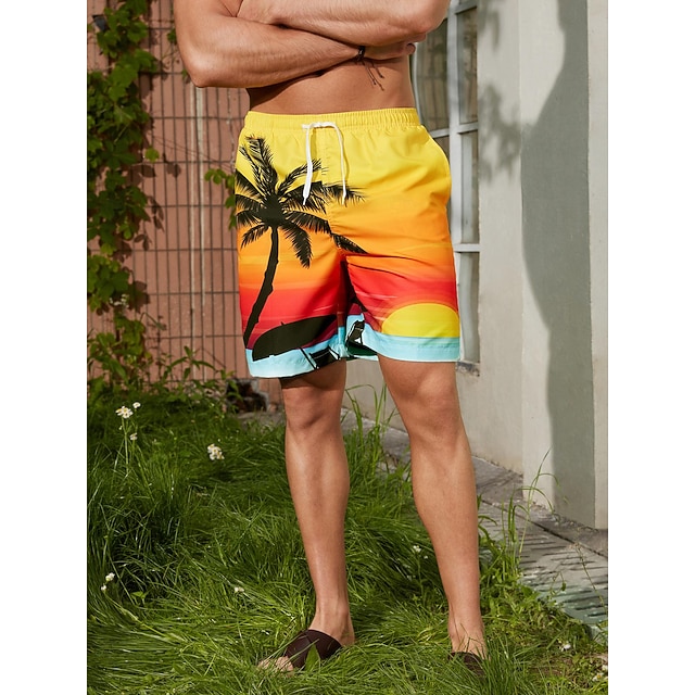 Men's Graphic Coconut Tree Swim Trunks Swim Shorts Board Shorts Mid Waist Streetwear Hawaiian Boho Casual Daily Holiday Drawstring Elastic Waist 3D Print Designer Clothing Apparel