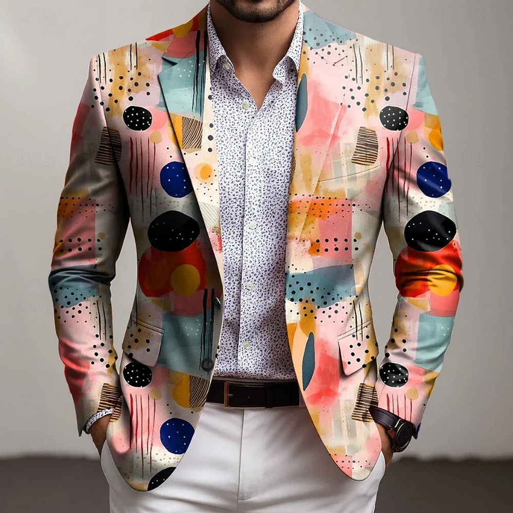  Men's Geometic Blazer Jacket Coat Fashion Comfortable Breathable Artistic Casual Casual Daily Party Evening Wear 3D Print Buttons Multi Pocket Fall & Winter Spring Flat collar Long Sleeve Blue Purple