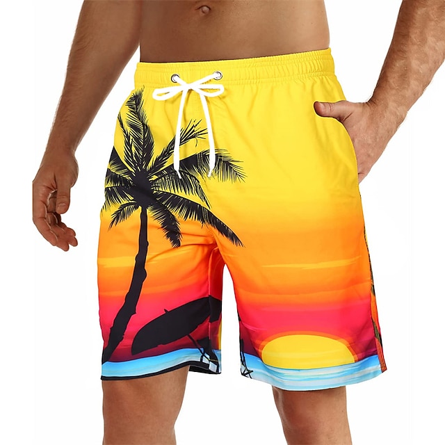 Men's Graphic Coconut Tree Swim Trunks Swim Shorts Board Shorts Mid Waist Streetwear Hawaiian Boho Casual Daily Holiday Drawstring Elastic Waist 3D Print Designer Clothing Apparel