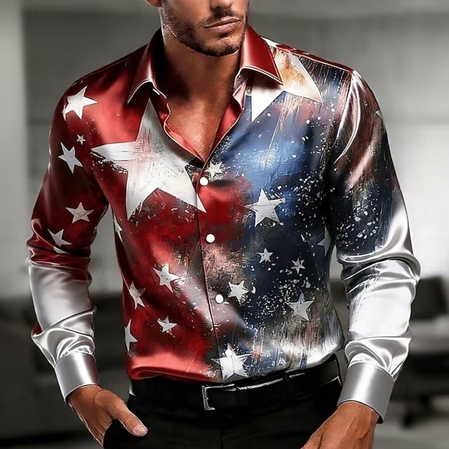 Men's Star 4th of July U.S. 250th Anniversary American Flag Shirt Satin Shirt Summer Shirt Long Sleeve Patriotic Outdoor Festival Summer Spring Turndown 3D Print Blue Red