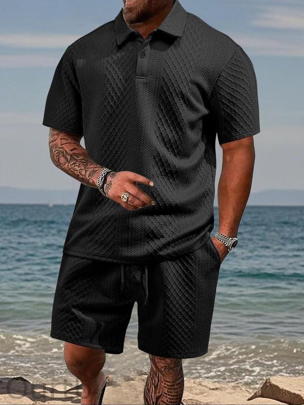 Men's Solid Polo Shirt & Drawstring Waist Shorts Set