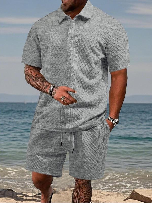 Men's Solid Polo Shirt & Drawstring Waist Shorts Set
