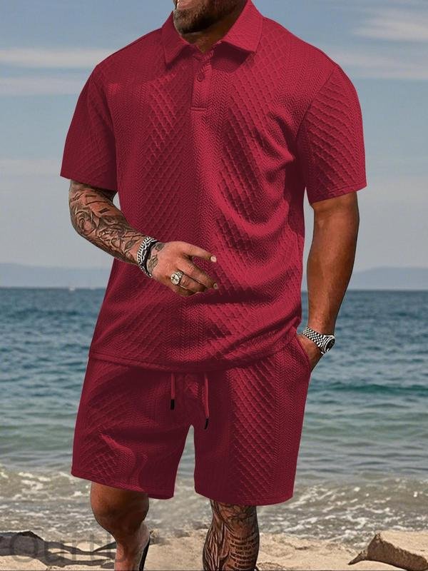 Men's Solid Polo Shirt & Drawstring Waist Shorts Set