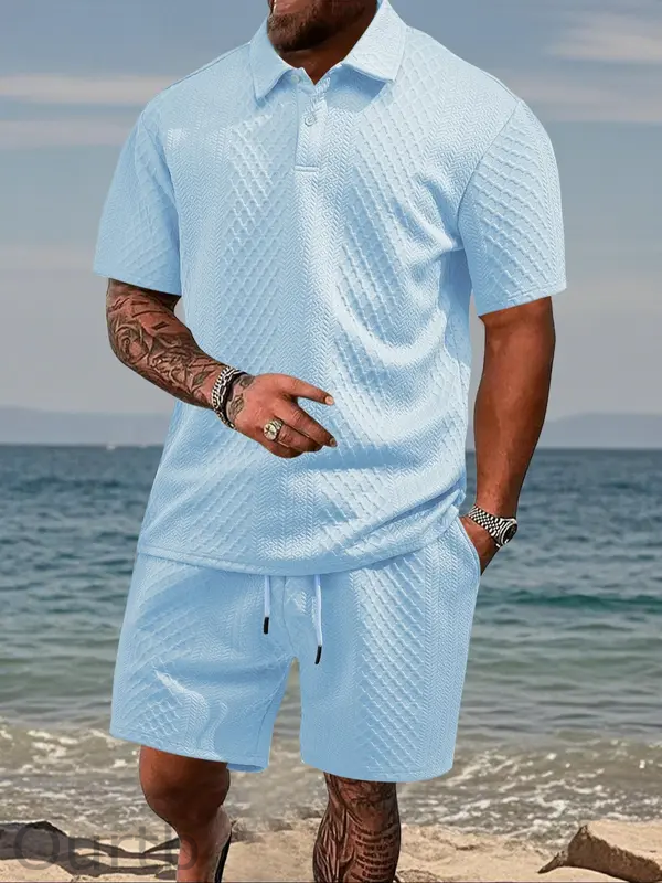 Men's Solid Polo Shirt & Drawstring Waist Shorts Set