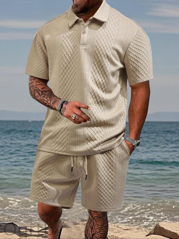 Men's Solid Polo Shirt & Drawstring Waist Shorts Set