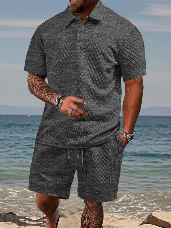 Men's Solid Polo Shirt & Drawstring Waist Shorts Set