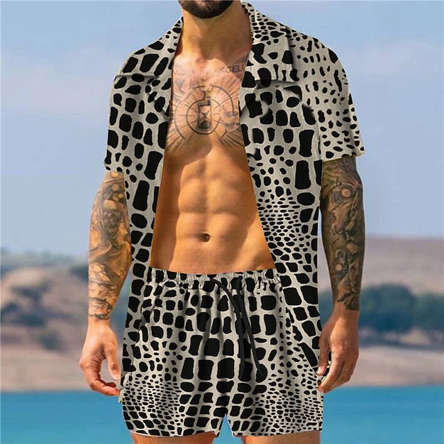 Men's Leopard Graphic Prints Shirts Sets Shirt Shirt Set Summer Hawaiian Shirt Short Sleeves Cuban Collar Fashion Streetwear Designer Outdoor Street Casual Print Summer Spring Black