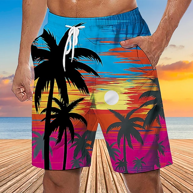 Men's Graphic Coconut Tree Swim Trunks Swim Shorts Board Shorts Mid Waist Streetwear Hawaiian Boho Casual Daily Holiday Drawstring Elastic Waist 3D Print Designer Clothing Apparel