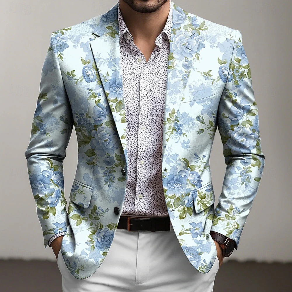 Men's Floral Print Blazer Jacket Coat Fashion Comfortable Breathable Artistic Casual Daily Formal Party Evening Wear 3D Print Buttons Multi Pocket Fall & Winter Spring Notch Long Sleeve Blue Purple