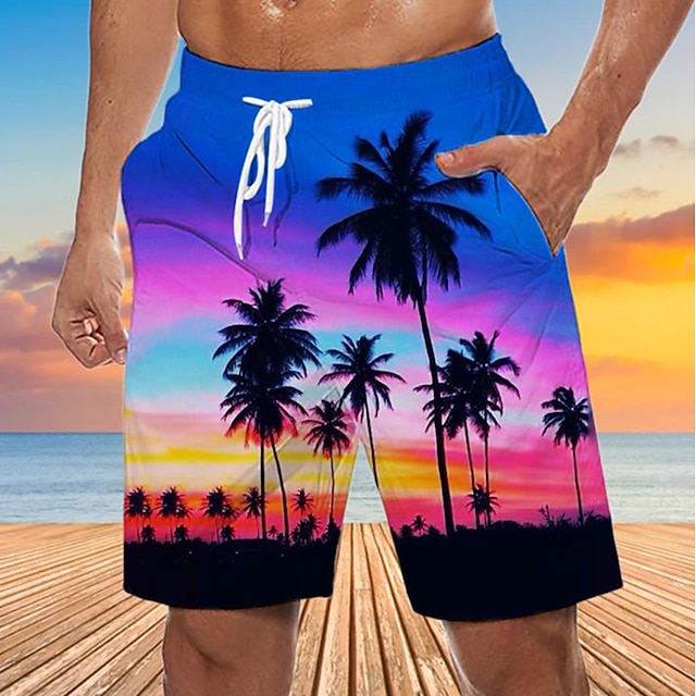 Men's Graphic Coconut Tree Swim Trunks Swim Shorts Board Shorts Mid Waist Streetwear Hawaiian Boho Casual Daily Holiday Drawstring Elastic Waist 3D Print Designer Clothing Apparel