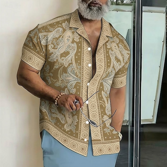 Men's Paisley Floral Print Ethnic Shirt Button Up Shirt Camp Collar Shirt Short Sleeve Vintage Retro Streetwear Vacation Summer Spring Cuban Collar 3D Print Blue Pink Green Khaki
