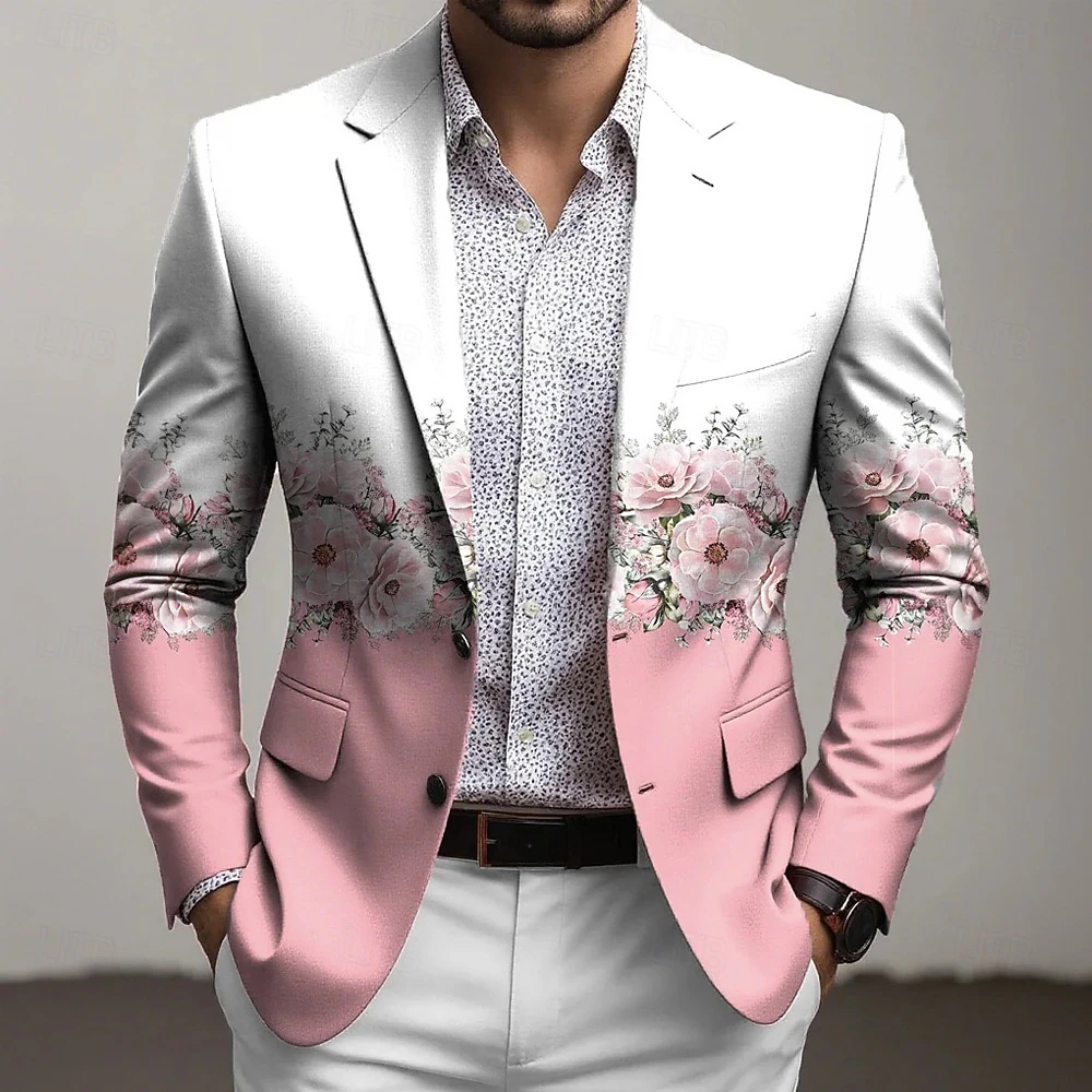  Men's Floral Print Blazer Jacket Coat Fashion Comfortable Breathable Artistic Casual Daily Party Evening Wear Causal 3D Print Buttons Multi Pocket Fall & Winter Spring Notch Long Sleeve Blue Pink