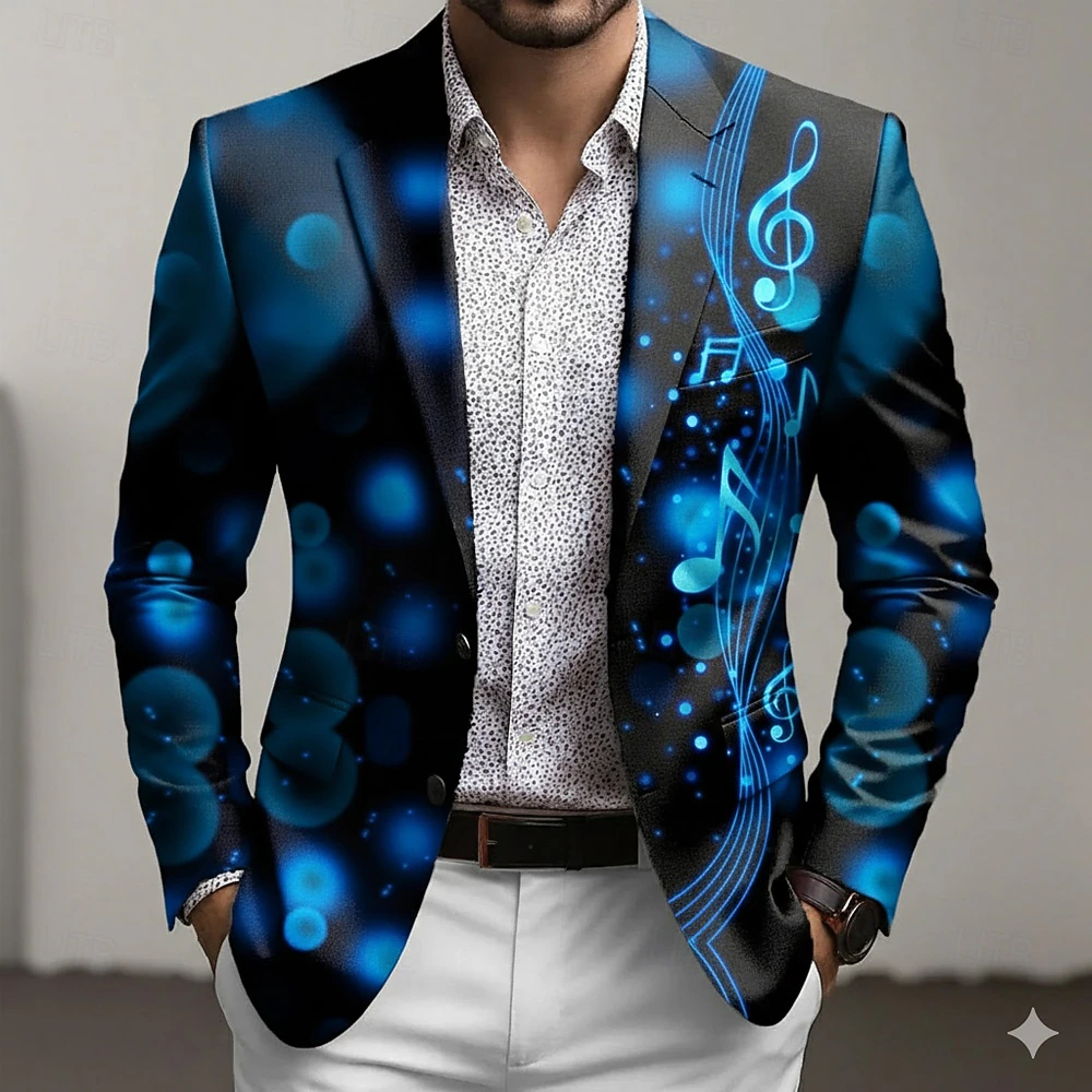 Men's Notes Blazer Jacket Coat Fashion Comfortable Breathable Artistic Casual Daily Party Evening Wear 3D Print Buttons Multi Pocket Fall & Winter Spring Notch Long Sleeve Blue Purple Brown