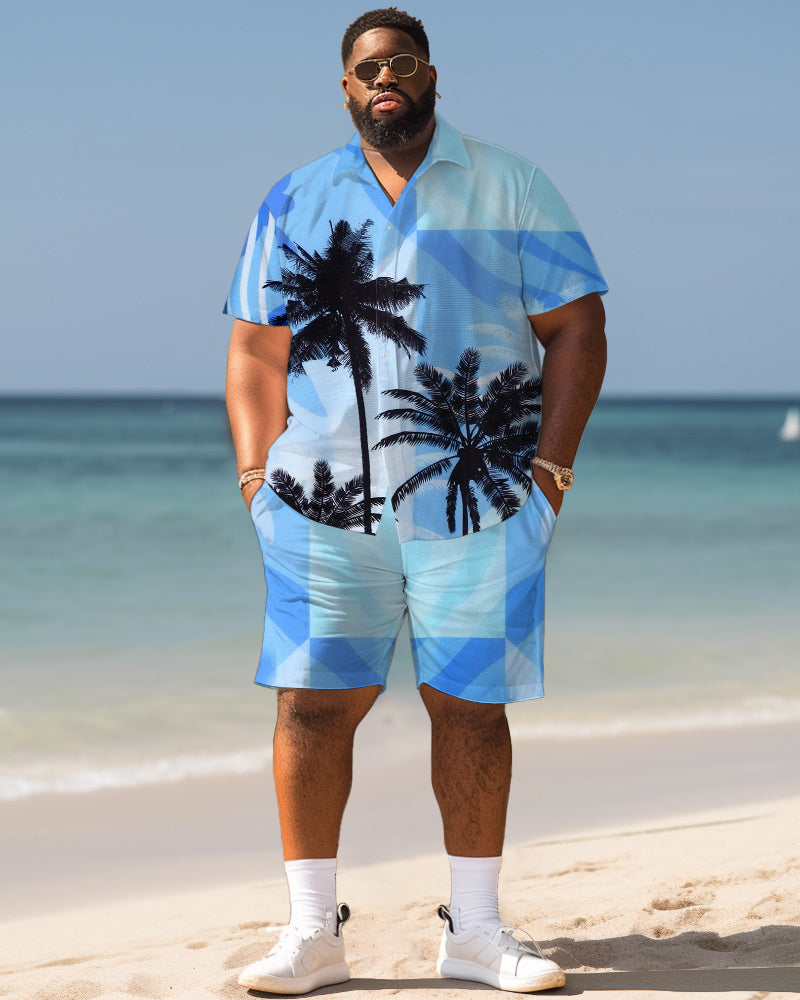 Men's Plus Size Hawaiian Hierarchy Geometric Plant Print Shirt Shorts Suit