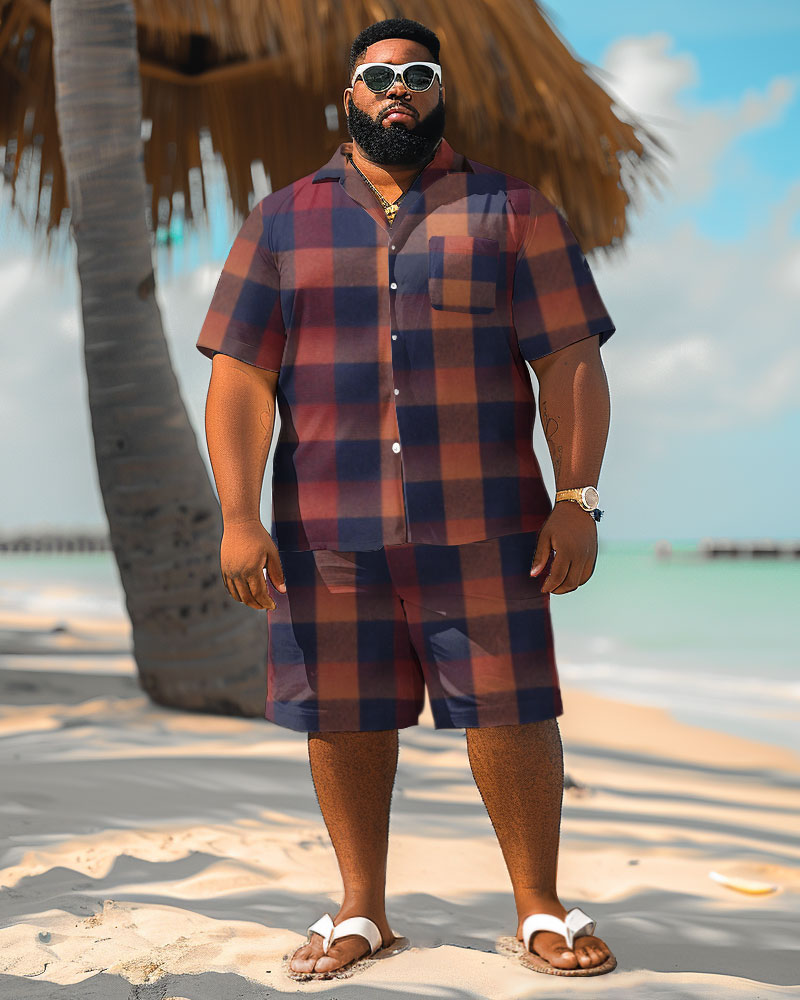 Men's Plus Size Simple Hawaiian Check Print Shirt Shorts Suit