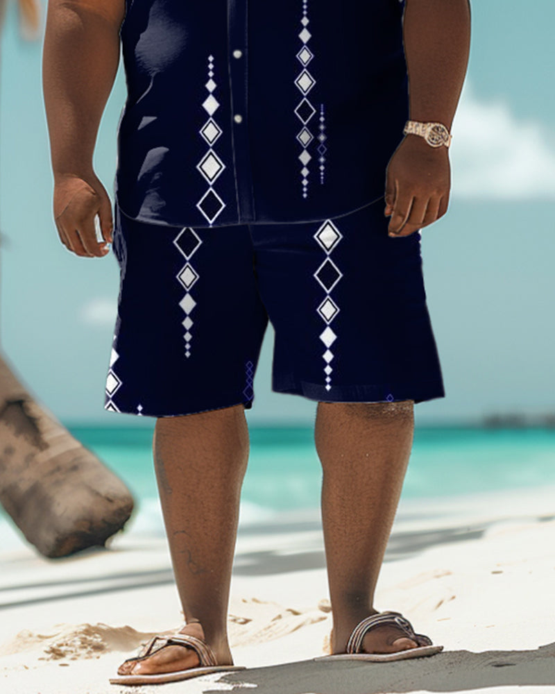 Men's Plus Size Classic Geometric Design Print Shirt Shorts Suit